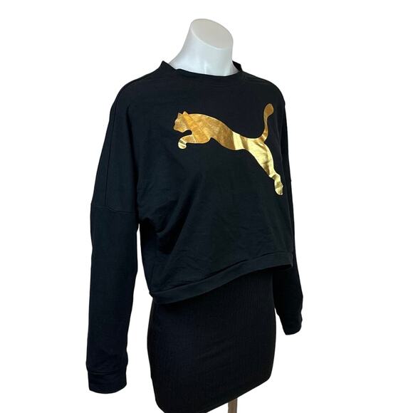 Puma Women's Black Gold Metallic Logo Cozy Pullover Sweater Sweatshirt Top S - Picture 3 of 7